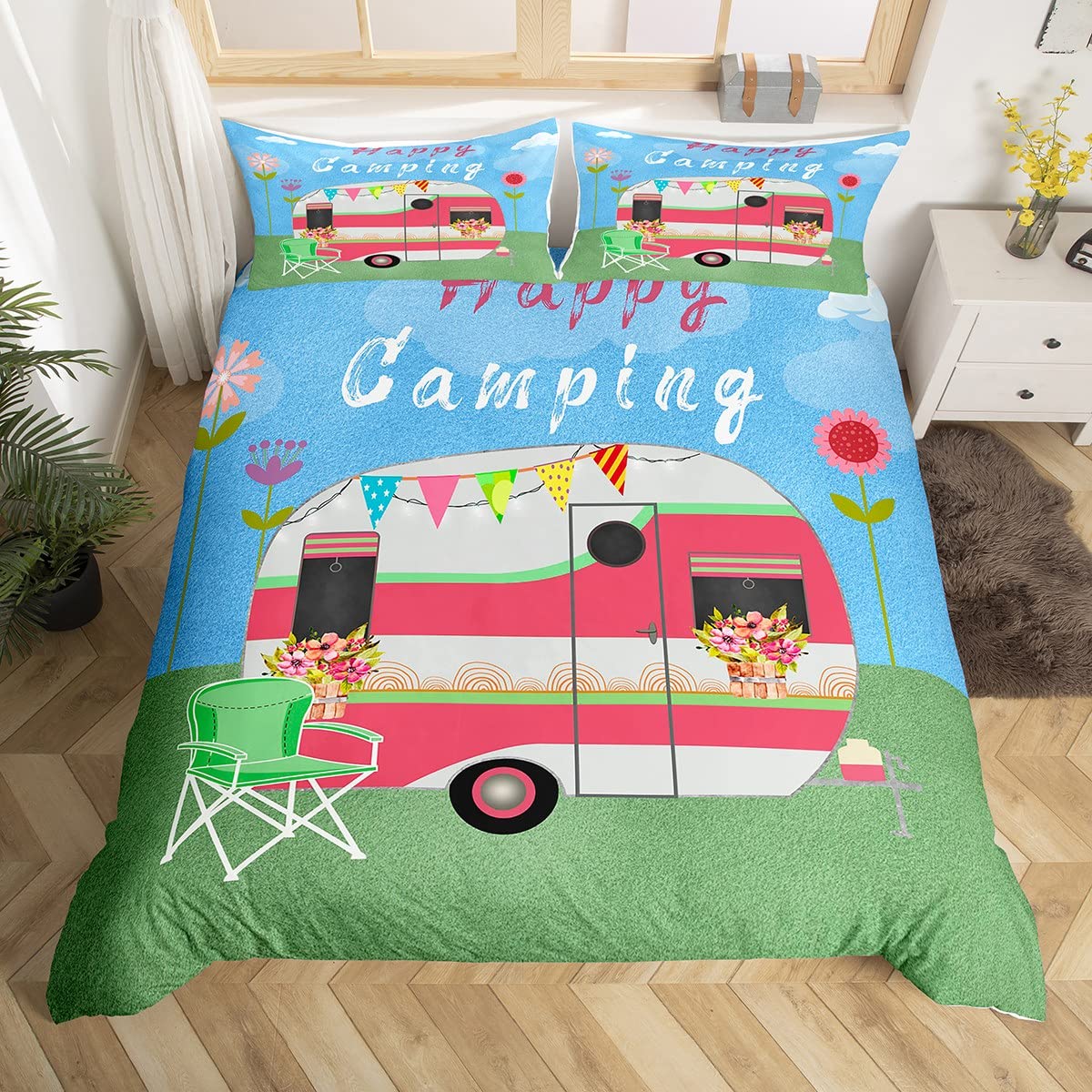 Outdoor Adventure America - Happy Camping-Juste de couette pour camping-car,